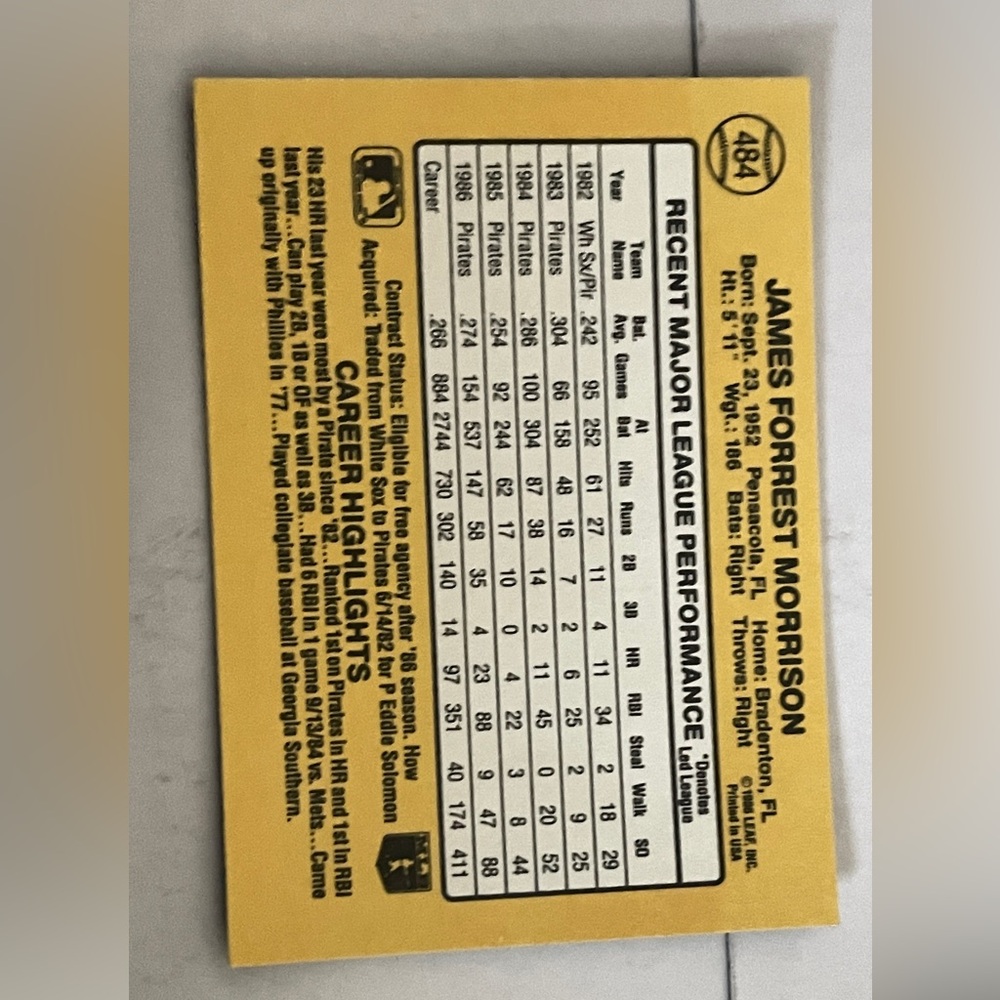 1987 Donruss - Jim Morrison #484 Pittsburgh Pirates Baseball Card NM - Picture 6 of 6